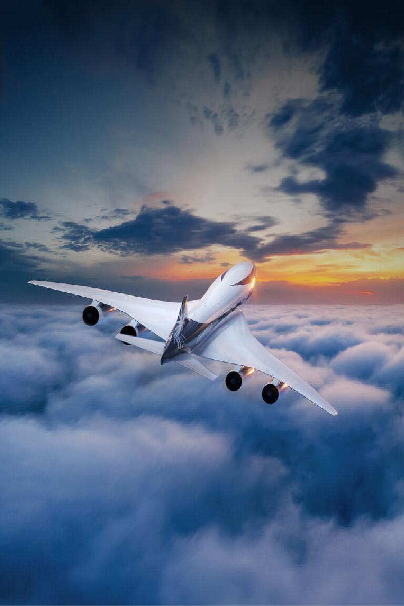 an image of the Overture flying above the clouds from the rear side