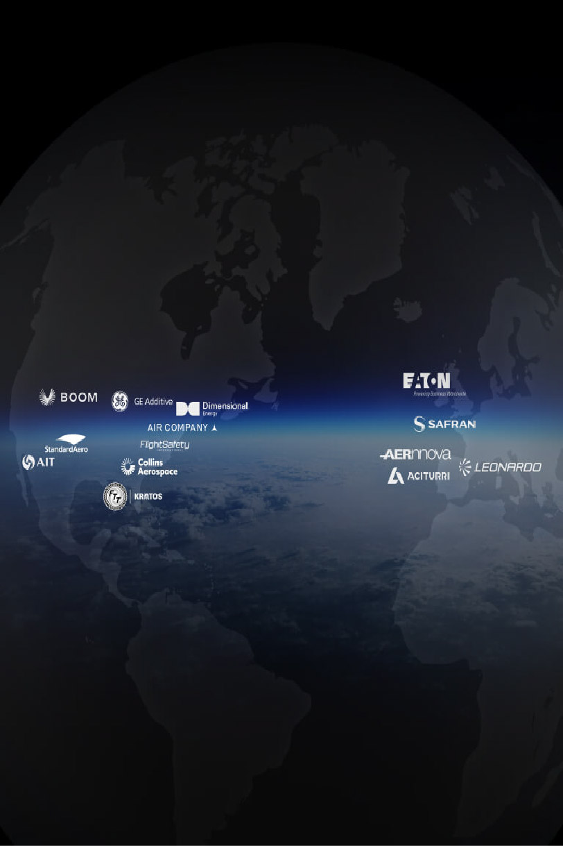 an image of Boom's partners (GE additive, Dimensional energy, StandardAero, AIT, Air Company,
						Collins Aerospace, Kratos, FlightSafety, Eaton, Safran, Aernnova, Aciturri & Leonardo)