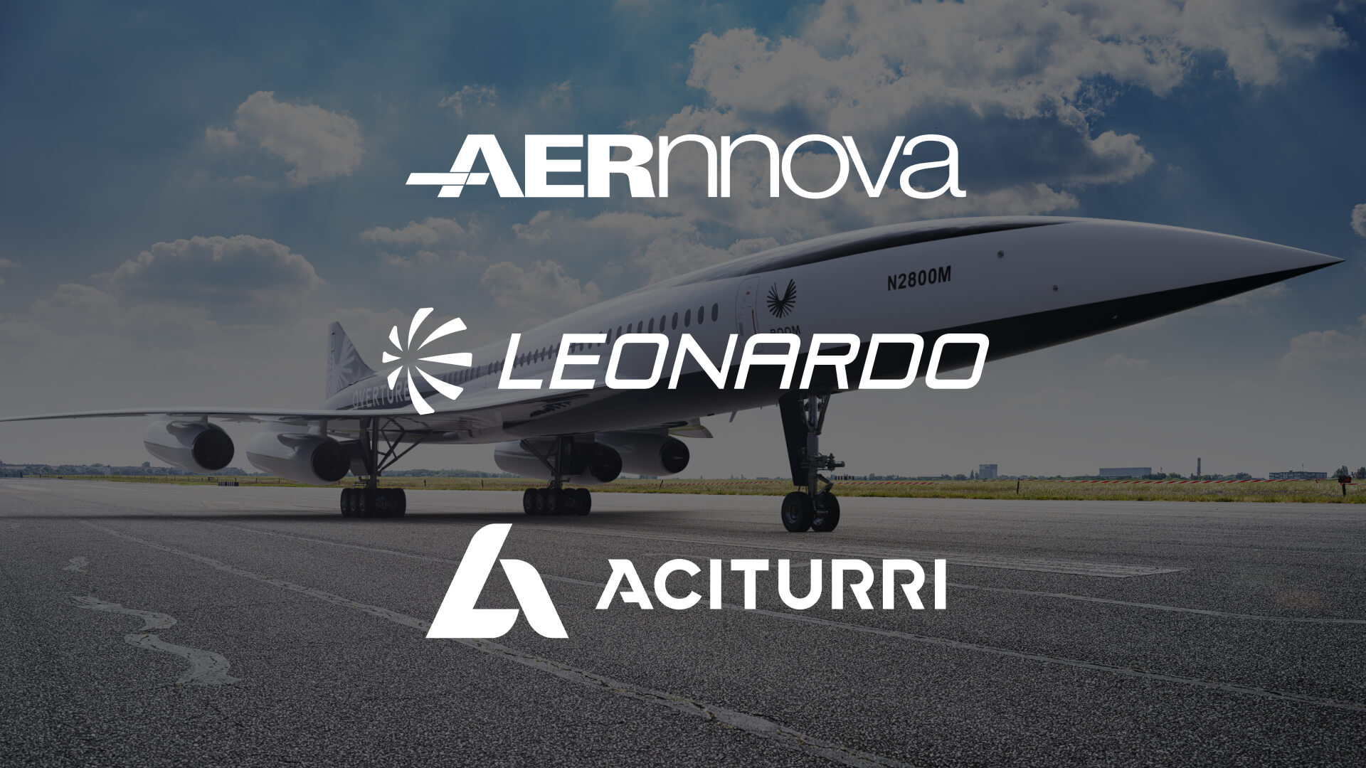 an image of the Boom Supersonic Passenger Airplane on a runway with suplier companie names: aernnova, leonardo and aciturri